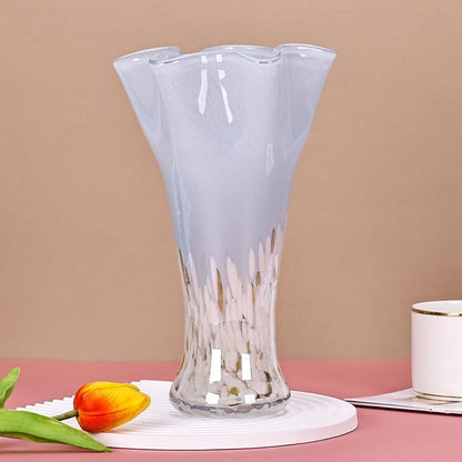 9.0"H Blue Glass Vases for Flowers, Unique Hand Blown Glass Vase Blue White Home Decor, Wide Mouth Colorful Flower Vase Centerpieces, For Living Room Table Bookshelf, Bathroom Office Shelf Decorative