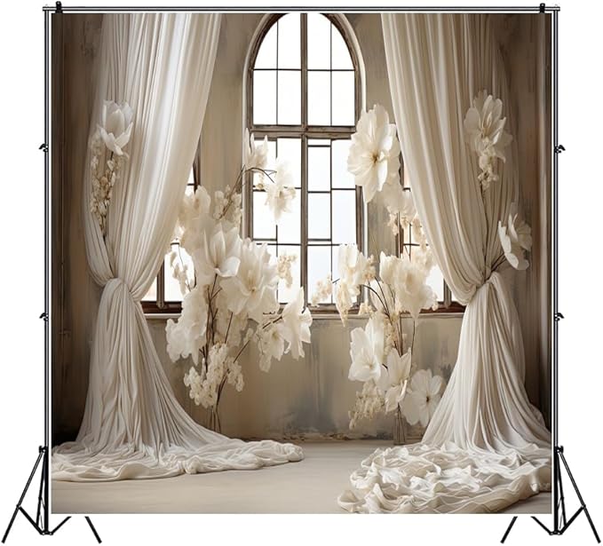 10x10ft Wedding Party Decorations Banner Backdrop Wedding Reception Photography Backdrop White Floral Flowers Curtains French Frame Photo Backgrounds Baby Shower Photo Shoot Portraits Props