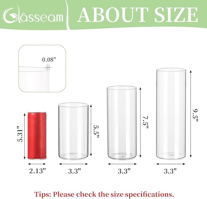 Glasseam Clear Cylinder Vases Set, 24Pcs Glass Vases for Centerpieces Bulk, Modern Floating Candle Holder for Decor, Hurricane Candle Holders for Wedding Table Decor (5.5"/7.5"/9.5")