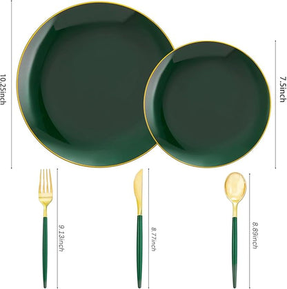 Liacere 150PCS Green Plastic Plates - Gold Plastic Silverware with Green Handle - Heavy Duty Fancy Plastic Plates Disposable Include 30 Guests Plates, Forks, Spoons, Knives for wedding＆Christmas