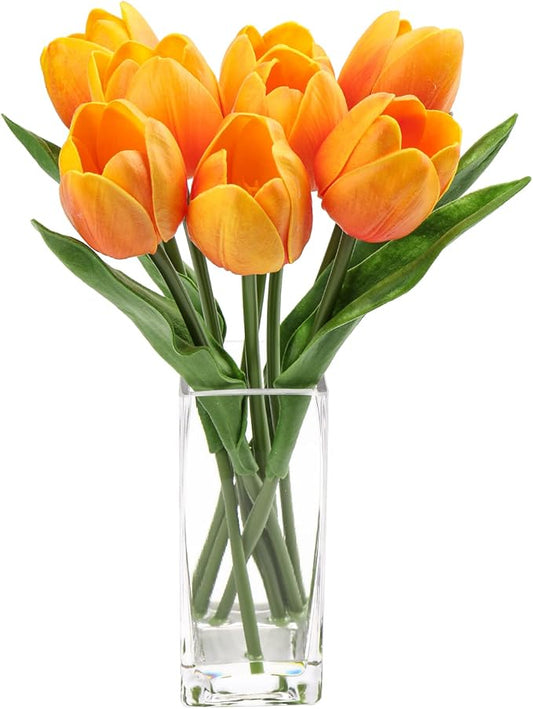 Briful Fake Flowers Artificial Tulip Flower Orange in Clear Vase, Real Touch Foam Tulip Arrangement Suitable for Home Office Decoration, Dining Table Centerpiece