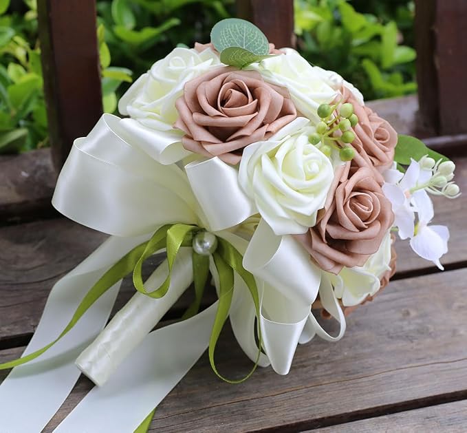 Lightweight Bridal Wedding Bouquet Round Holding Bouquet Throw Toss Artificial Rose Flower Bunch for Bride Bridesmaid Wedding Quinceanera (Cream & Rosy Brown, 9.1")