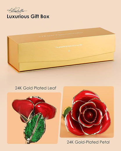 24K Gold Dipped Rose – Handpicked Real Rose Preserved in 24K Gold – Passionate, One-of-a-Kind Romantic Gift for Her – Ideal for Birthday, Anniversary, Mother’s Day, Valentine’s Day (Red)