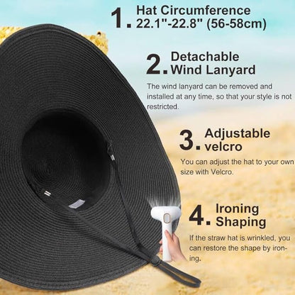 DRESHOW Beach Hats for Women Big Straw Wide Brim Summer Hat Floppy Foldable Roll up Cap Sun Hat UPF 50+