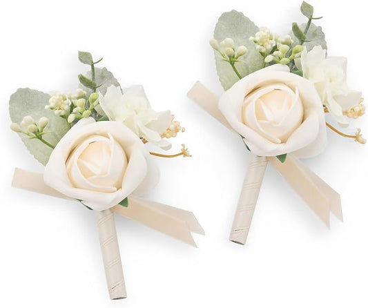 TINGE TIME Boutonniere for Men Wedding,Groom and Best Man Boutonniere for Wedding Ceremony Anniversary, Formal Dinner Party and Rustic Spring Wedding Marriage (2, Champagne)