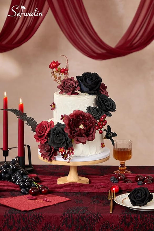 Serwalin Burgundy Black Artificial Flowers, Fake Silk Flowers for DIY Wedding Bridal Bouquet, Wedding Cake Flowers for Table Centerpieces Floral Arrangements Party Home Decorations