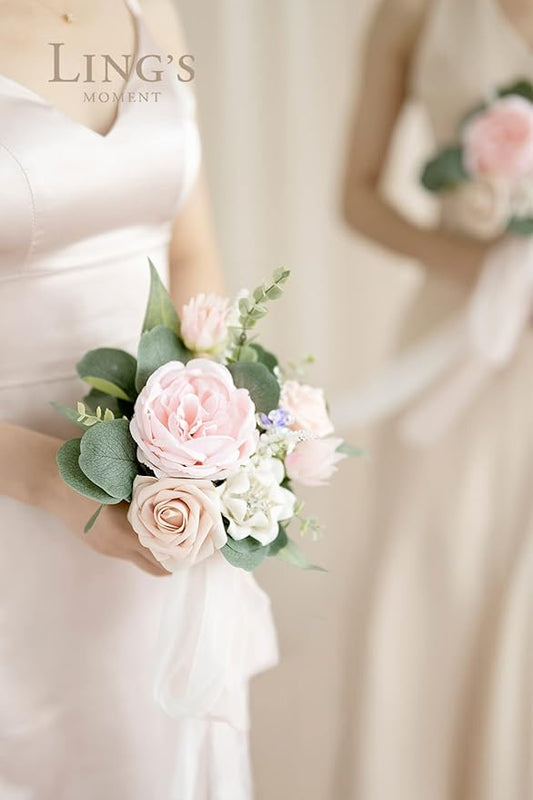 Ling's moment Artificial Flowers Pink Bridesmaid Bouquet Set of 6, Blush & Cream Wedding Flowers Bouquets for Bridesmaids, 7 Inch Bridal Bouquets for Bridesmaids, Wedding, Ceremony, Anniversary, etc