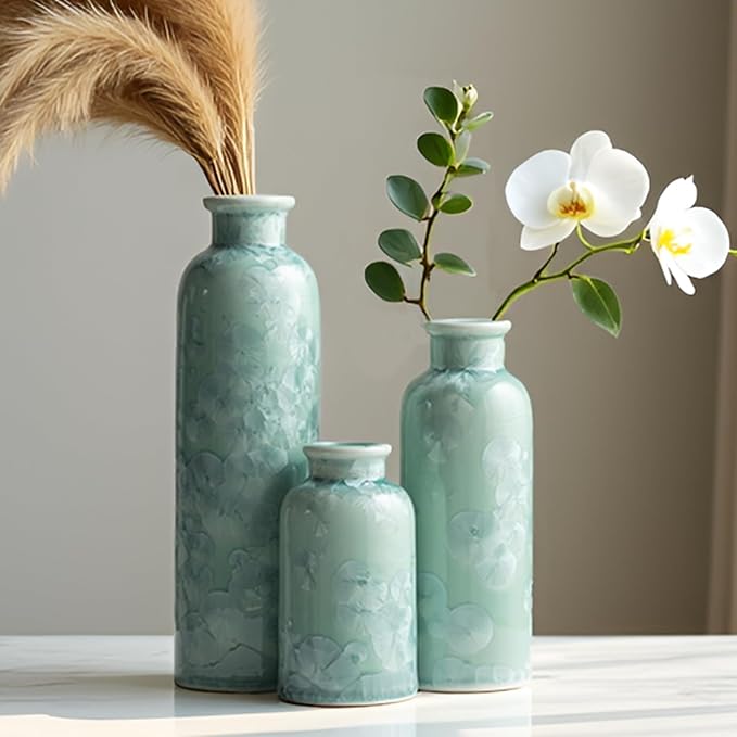 Modern Ceramic Vase Set of 3, Green Crystalline Glaze Colors, Decorative Bottles for Home, Farmhouse Rustic Decor (Crystalline Glaze Green)
