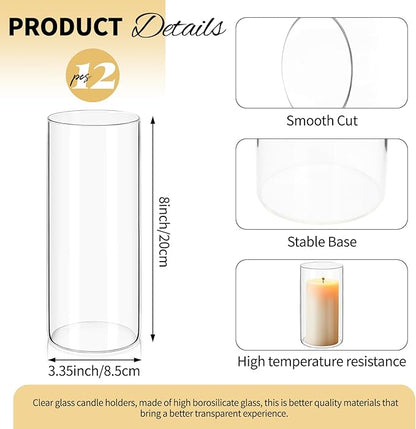 12Pack Glass Cylinder Vases for Centerpieces - 8 Inch Tall Flower Vase for Wedding Decorations, Floating Candle Holder Vase Bulk,Glass Hurricane Candle Holders for Table Shelf, Party, Home Decor