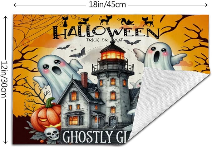 PVC Placemats Set of 1 Wipeable Table Mats Washable Heat Resistant Non Slip Vinyl Dining Table Mat for Kitchen Indoor Outdoor Patio Farmhouse Place Mats Black Halloween Castle Decorative