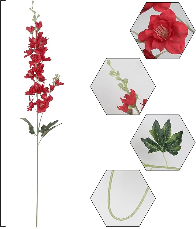8PCS Long Stem Artificial Delphinium Flowers 33.5'' Larkspur Artificial Flower Red Silk Flowers for Tall Vase Home Wedding Table Centerpieces Decor(Red)