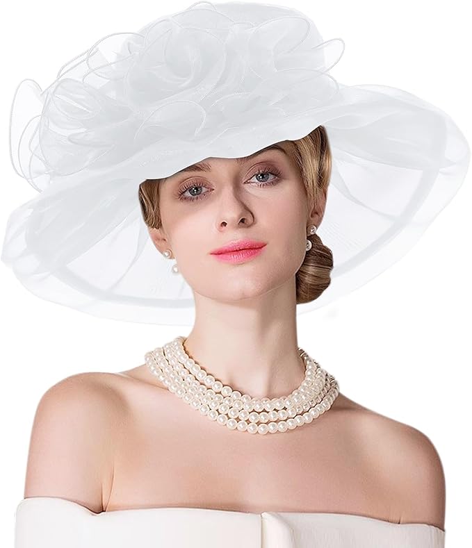 Organza Derby Hats for Women Wide Brim Fascinator Hat Rose Flower Wedding Tea Party Hat