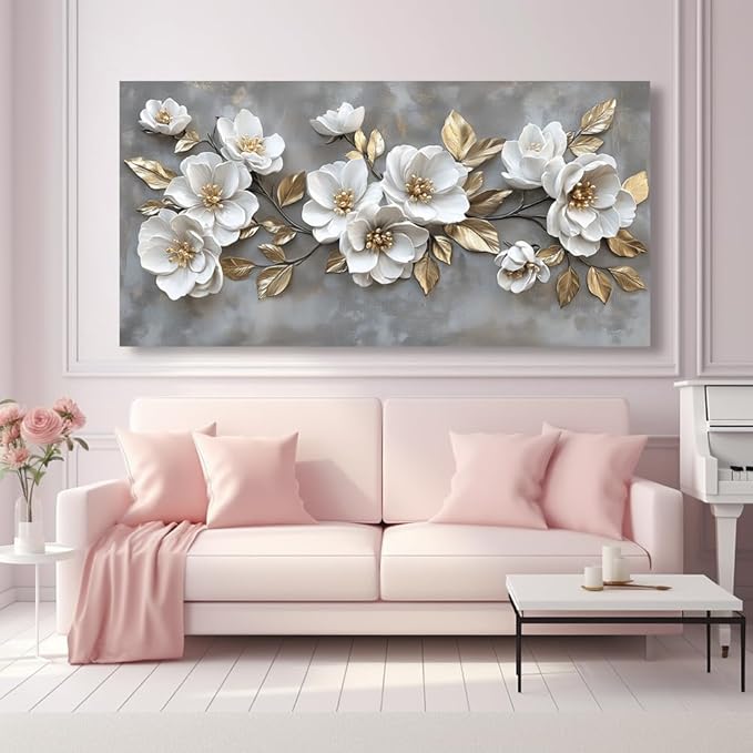 LAVIKARS Modern Gray Flowers Wall Art for Living Room Office White and Golden Floral Landscape Canvas Painting Prints Large Delicate Petals Artwork Kitchen Home Bedroom Decor (28x58 Inches)