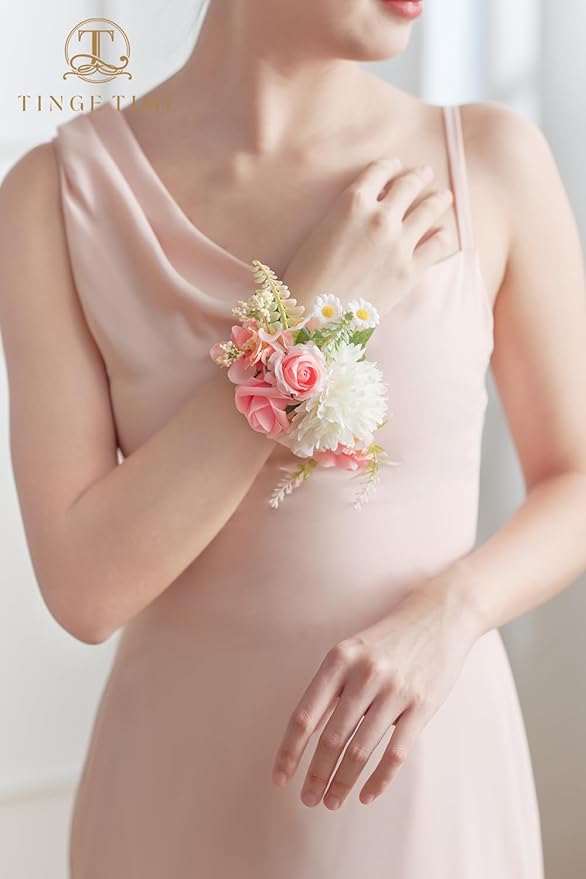 TINGE TIME Set of 2 Peach Pink Wrist Corsage Bracelets Pearl Wristlet Band Bridesmaid Bracelet for Wedding Ceremony Bridal Shower Wedding Artificial Flower Prom (Peach Pink)