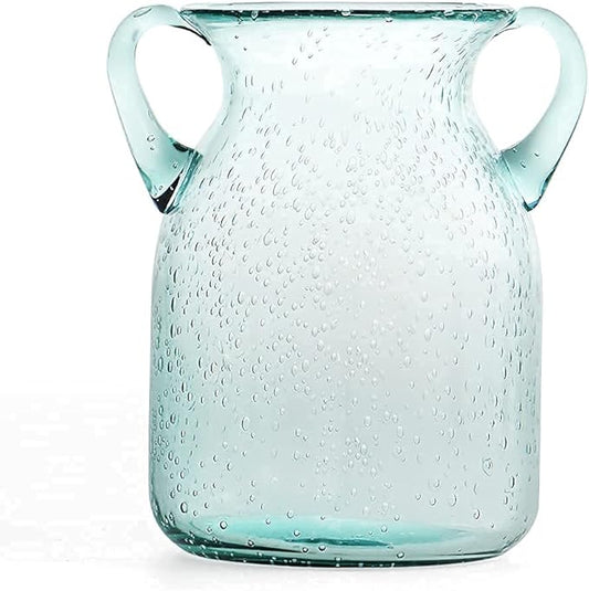 MDLUU Seeded Glass Vase, 4.6" W x 6.7" H, Clear, Double Ear Design, Coastal Modern Style, Perfect for Dining Room, Bedroom, Bathroom