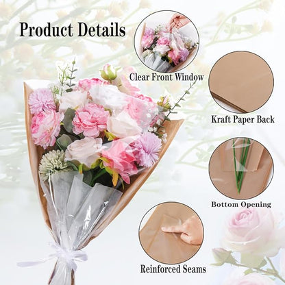 HSONAIGEE 50 Pieces Flower Bouquet Wrapping Paper, 22 x 14.2 Inch Extra Large Flower Bags for Bouquets Kraft Floral Wrap Sleeves with Ribbons for Home Mother’s Day Wedding Flower Bar Supplies