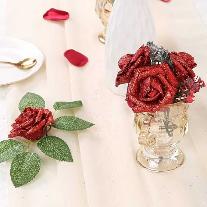 IPOPU Red Roses Artificial Flowers, 25pcs Foam Glitter Roses Fake Roses with Stem for DIY Wedding Bridal Bouquet Home Party Decoration(Red)