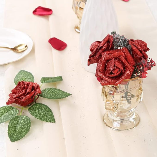 IPOPU Artificial Flowers,50pcs Red Sparkly Roses Glitter Flowers Bling Artificial Roses with Stem for DIY Wedding Bridal Bouquet Home Party Decoration(Red)