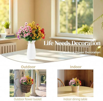 12 Bundles Artificial Flowers for Outdoor, UV Resistant Faux Mums with Eucalyptus Leaves Fake Plants for Outdoor Planters Greenery Boxwood Porch Patio Decoration