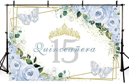 SENDY 8x6ft Quinceañera Backdrop Mis Quince 15 Anos Birthday Party Decoration Supplies for Girl Princess Blue Floral Butterfly Golden Crown Photography Background Banner Photo Booth Studio Props