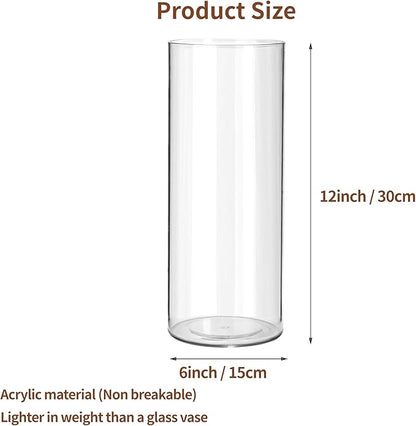 Clear Flower Vase, Non-breakable Vases, 6" W x 12" H, Acrylic Vase, Aesthetic Room Decor Cylindrical Modern Flower Vases for Table Centerpiece, Home Decor, Women Floral Arrangement Gift