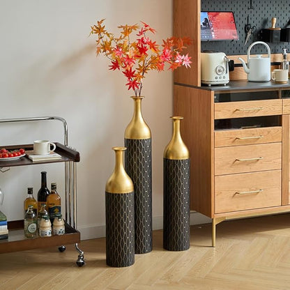 Floor Oversized Gold Metal Decorative Vase with 3D Triangle Pattern Set of 3 Large Vases for Home Living Room 33.5 ", 29.5 ", 25.2" High (Matte Black)