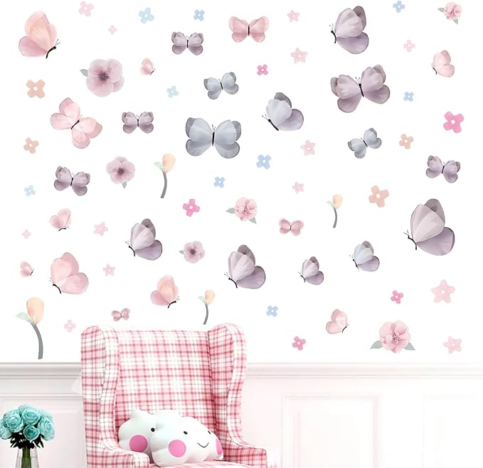Watercolor Butterfly and Flower Wall Decals Peel and Stick - 70 PCS Flower Butterfly Wall Decor for Girls Room, Nursery, Kids Bedroom, Home Art Decals
