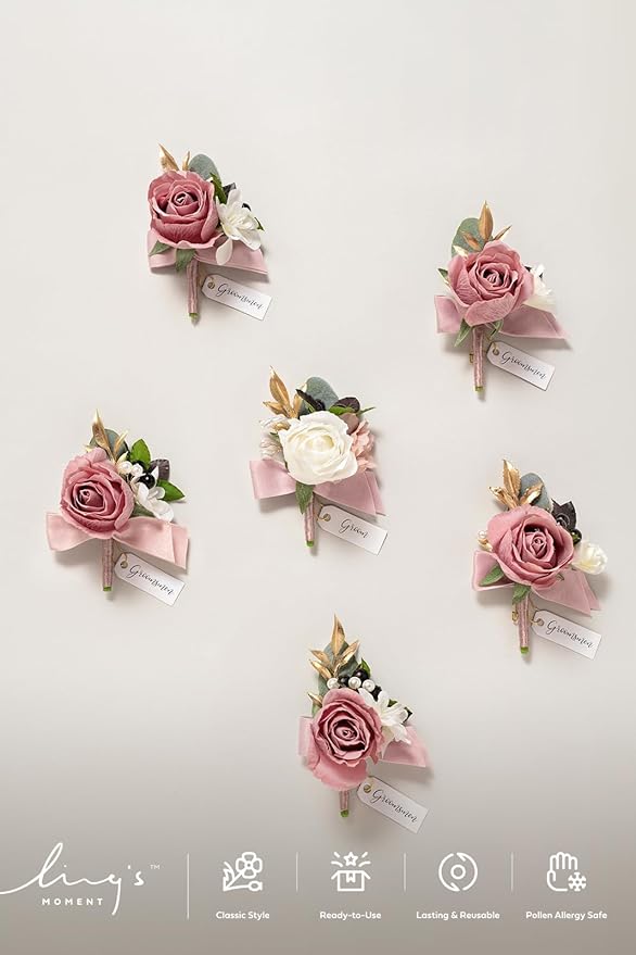 Ling's moment Boutonniere for Men, 6pcs Groom Groomsmen Boutonniere, Artificial Flowers for Wedding Decor/Prom/Homecoming, etc.Dusty Rose Mauve