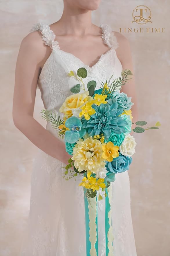 TINGE TIME Artificial Flowers Combo Set Teal Blue & Yellow Flowers Mix Silk Flowers Roses with Stem for DIY Wedding Bridal Bouquets Baby Shower Floral Arrangement Table Centerpieces Home Decorations