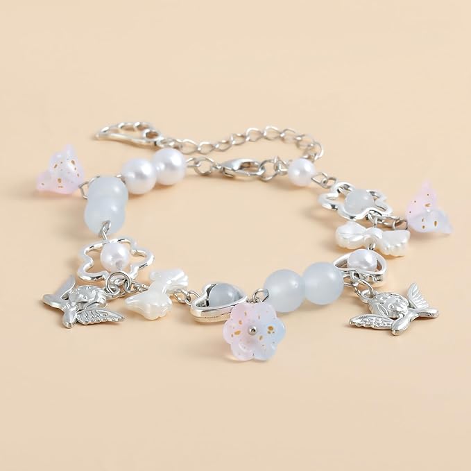LadayPoa 100pcs Glass Bellflower Beads for Jewelry Making Trumpet Flower Beads Gradient Clear Cute Beads for Bracelets Making Aesthetic Bead Charms for DIY Necklace Decoration-Light Pink Blue Gold
