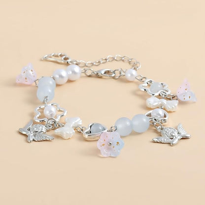 LadayPoa 100pcs Glass Bellflower Beads for Jewelry Making Trumpet Flower Beads Gradient Clear Cute Beads for Bracelets Making Aesthetic Bead Charms for DIY Necklace Decoration-Light Pink Blue Gold