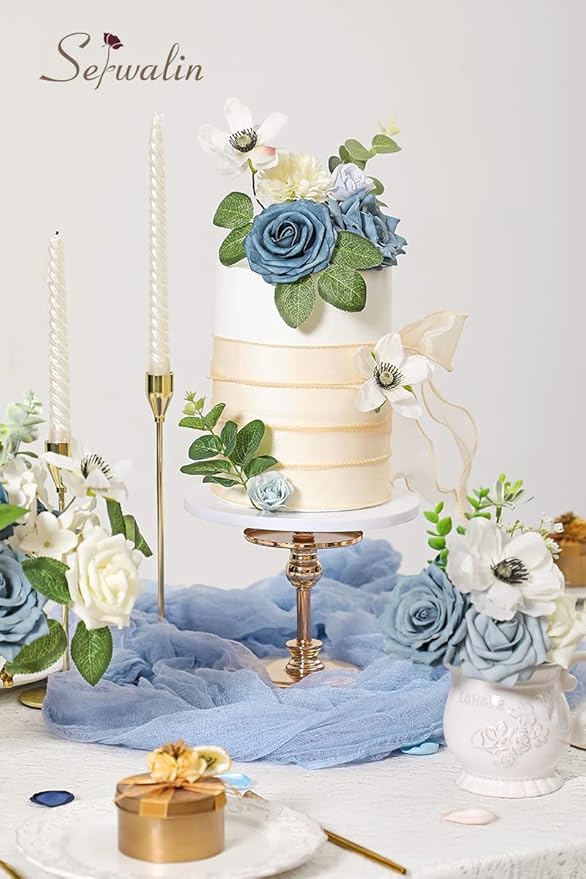 Serwalin Artificial Flowers, Dusty Blue Silk Fake Flowers Cake Flower for Wedding Bouquet Table Centerpieces Arrangements Party Baby Shower Home Decor Floral Arrangement