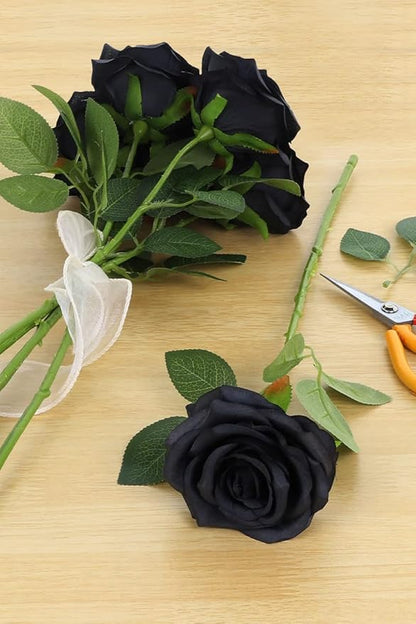Artificial Rose Flower Black Flowers Black Roses Silk Flowers 12 pcs with Long Stem Silk Roses Bouquet for Wedding Bridal Shower Party Home Decoration
