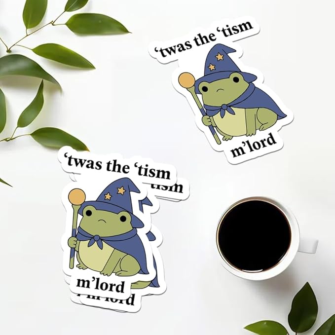 HANDICHI Design 5-Pack 2 Inch Cute Wizard Frog Stickers – ’TWAS The ’Tism M’Lord Meme Vinyl Decals – Funny Neurodivergent Sticker Pack for Laptops, Water Bottles, Journals and Scrapbooks