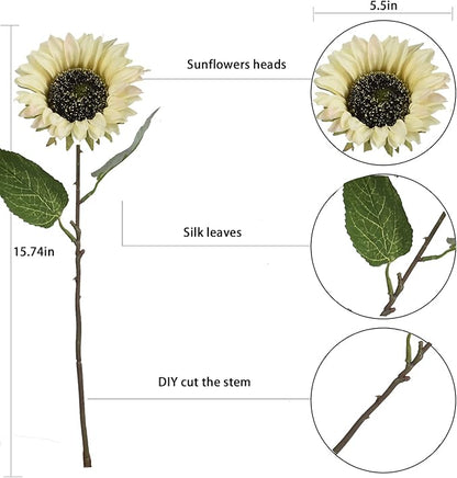 White Artificial Sunflower Flowers 8 Pcs Single Long Stem Silk Fake Sunflowers Bridal Wedding Bouquet Fake Yellow Flower Arrangements for Outdoor