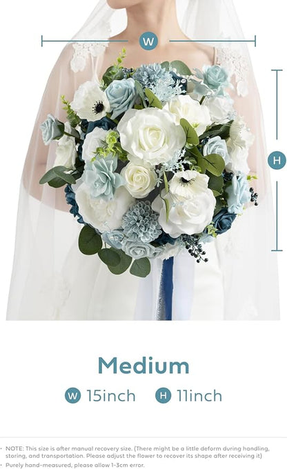 Ling's moment Dusty Blue Bridal Bouquet for Bride, Blue Wedding Bouquets for Bride, 9 Inch Silk Round Artificial Wedding Flowers Bouquets