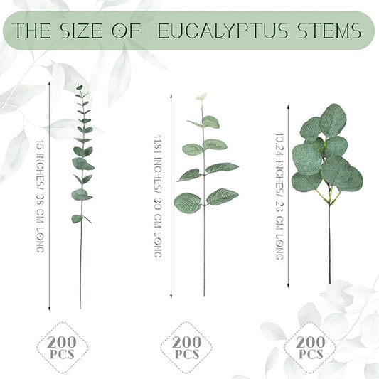Giegxin 600 Pcs 3 Kinds Mixed Eucalyptus Leaves Stems Bulk Artificial Silver Dollar Leaves Picks Dried Eucalyptus Bundle Faux Spray for Wedding Vase Bouquet Floral Arrangement (Green)