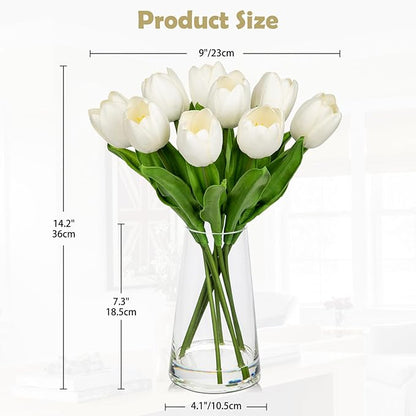 Fake Tulips Artificial Tulip Flowers in Glass Vase with Faux Water, 14.2" Real Touch White Tulip Flowers Spring Décor for Table Centerpiece Home Farmhouse Resto Wedding Decoration
