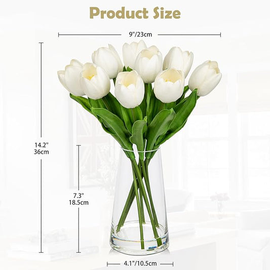 Fake Tulips Artificial Tulip Flowers in Glass Vase with Faux Water, 14.2" Real Touch White Tulip Flowers Spring Décor for Table Centerpiece Home Farmhouse Resto Wedding Decoration