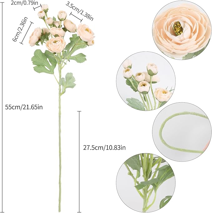 IPOPU 5pcs Fake Peonies Artificial Ranunculus Flowers 60Heads Champagne Silk Flowers 21.65" Artificial Flowers Bulk for Wedding Floral Arrangements Home Table Centerpieces Decor (Champagne)