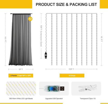 Tulle Curtain Backdrop with 300 LED Fairy Lights for Parites Wrinkle-Free Sheer Curtain Drapes Photo Back Drop for Wedding Baby Shower Bridal Shower Birthday Dance Home Décor- 10ft×10ft, Black