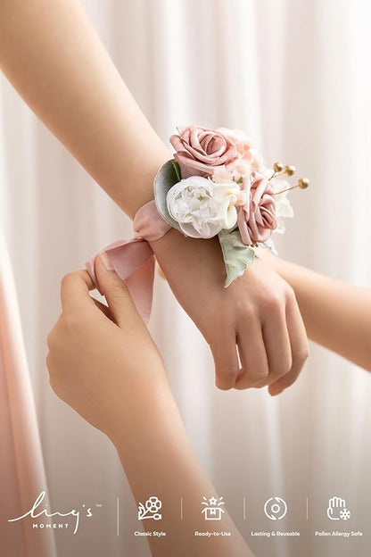 Ling's moment 6pcs Wedding Wrist Corsage Artificial Flowers, Girl/Mother Homecoming Prom Corsages Wristlet Décor, etc. Dusty Rose Pink
