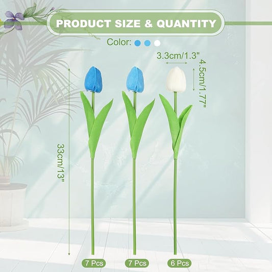 uxcell 20pcs Tulips Artificial Flowers, Faux Flowers Silk Fake Tulip Stems Real Touch for Wedding Bouquet Centerpiece Table Party Decoration(Blue, Sky Blue, Pure White)