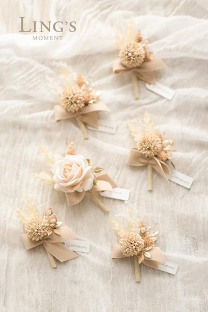 Ling's moment Boutonniere for Men, 6pcs Groom Groomsmen Boutonniere, Artificial Flowers for Wedding Decor/Prom/Homecoming, etc.White Nude