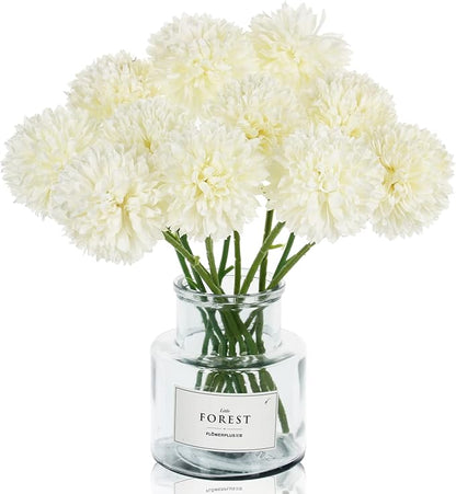 Tinsow 12 Pcs Artificial Flowers Faux Ball Chrysanthemum Bouquet Silk White Flowers Bridal Wedding Bouquet for Home Garden Party Wedding Decoration (White, 12)