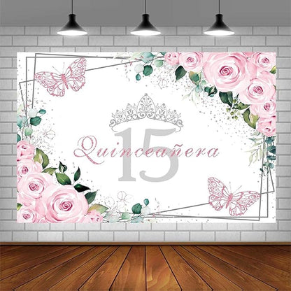 SENDY 8x6ft Quinceañera Backdrop Mis Quince 15 Anos Birthday Party Decorations Supplies for Girl Princess Pink Floral Butterfly Silver Crown Photography Background Banner Photo Booth Studio Props