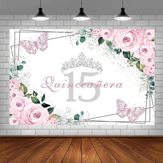 Sendy 7x5ft Quinceañera Backdrop Mis Quince 15 Anos Birthday Party Decorations Supplies for Girl Princess Pink Floral Butterfly Silver Crown Photography Background Banner Photo Booth Studio Props