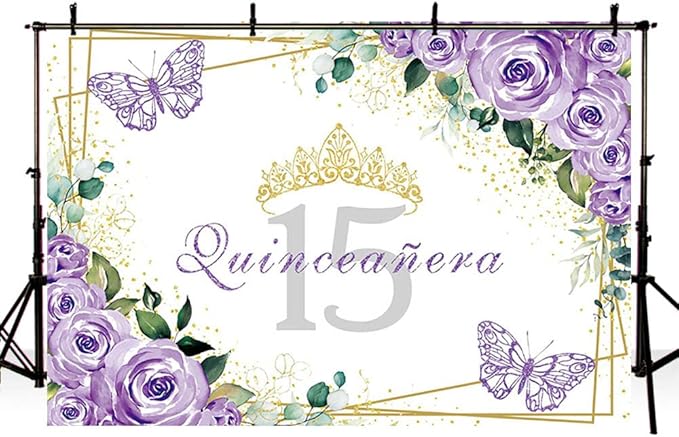 SENDY 7x5ft Quinceañera Backdrop Mis Quince 15 Anos Birthday Party Decoration Supplies for Girl Princess Purple Floral Butterfly Gold Crown Photography Background Banner Photo Booth Studio Props Vinyl