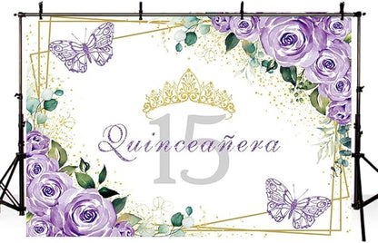 SENDY 7x5ft Quinceañera Backdrop Mis Quince 15 Anos Birthday Party Decoration Supplies for Girl Princess Purple Floral Butterfly Gold Crown Photography Background Banner Photo Booth Studio Props Vinyl