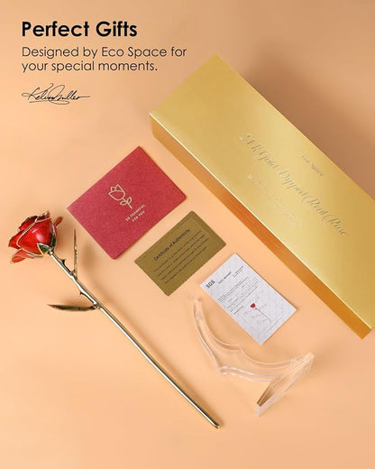 24K Gold Dipped Rose – Handpicked Real Rose Preserved in 24K Gold – Passionate, One-of-a-Kind Romantic Gift for Her – Ideal for Birthday, Anniversary, Mother’s Day, Valentine’s Day (Red)